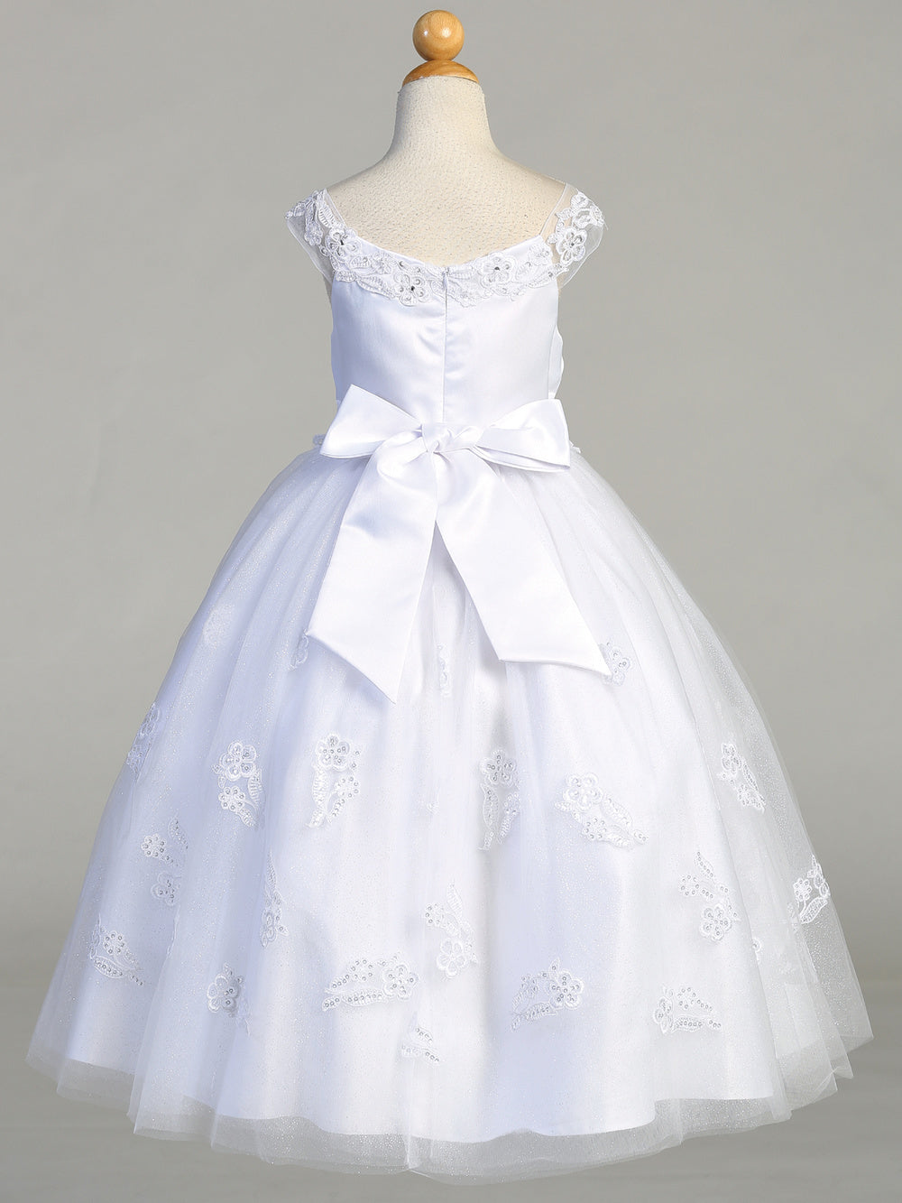 Satin & Glitter Tulle First Communion Dress with Embroidered Appliques - SP711