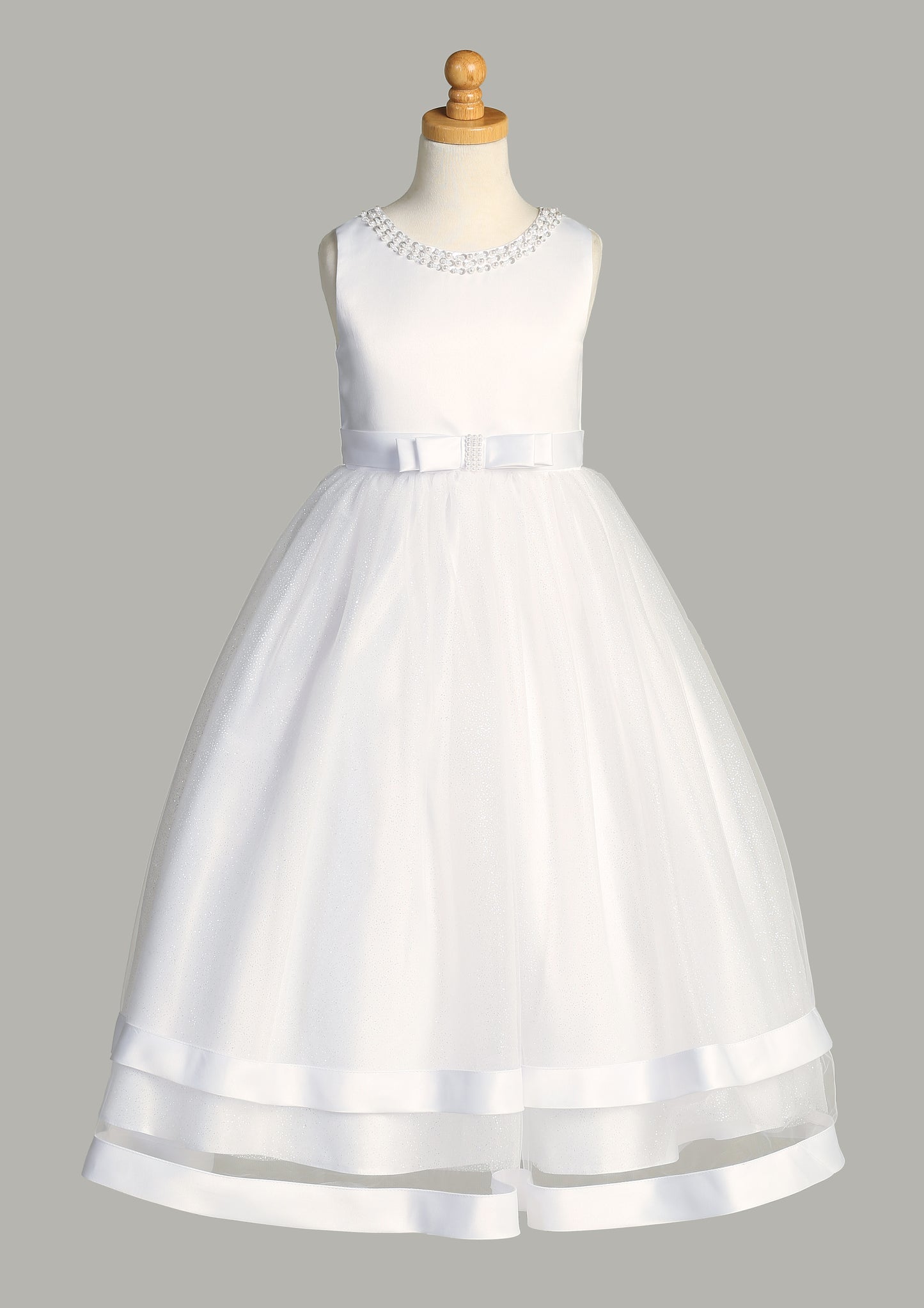 Satin and Glitter Tulle First Communion Dress with Pearl Neckline - SP717