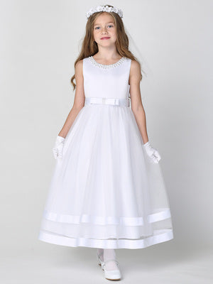 Satin and Glitter Tulle First Communion Dress with Pearl Neckline - SP717