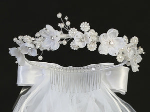 Organza Flowers First Communion Headpiece with Pearls and Rhinestones - T-419