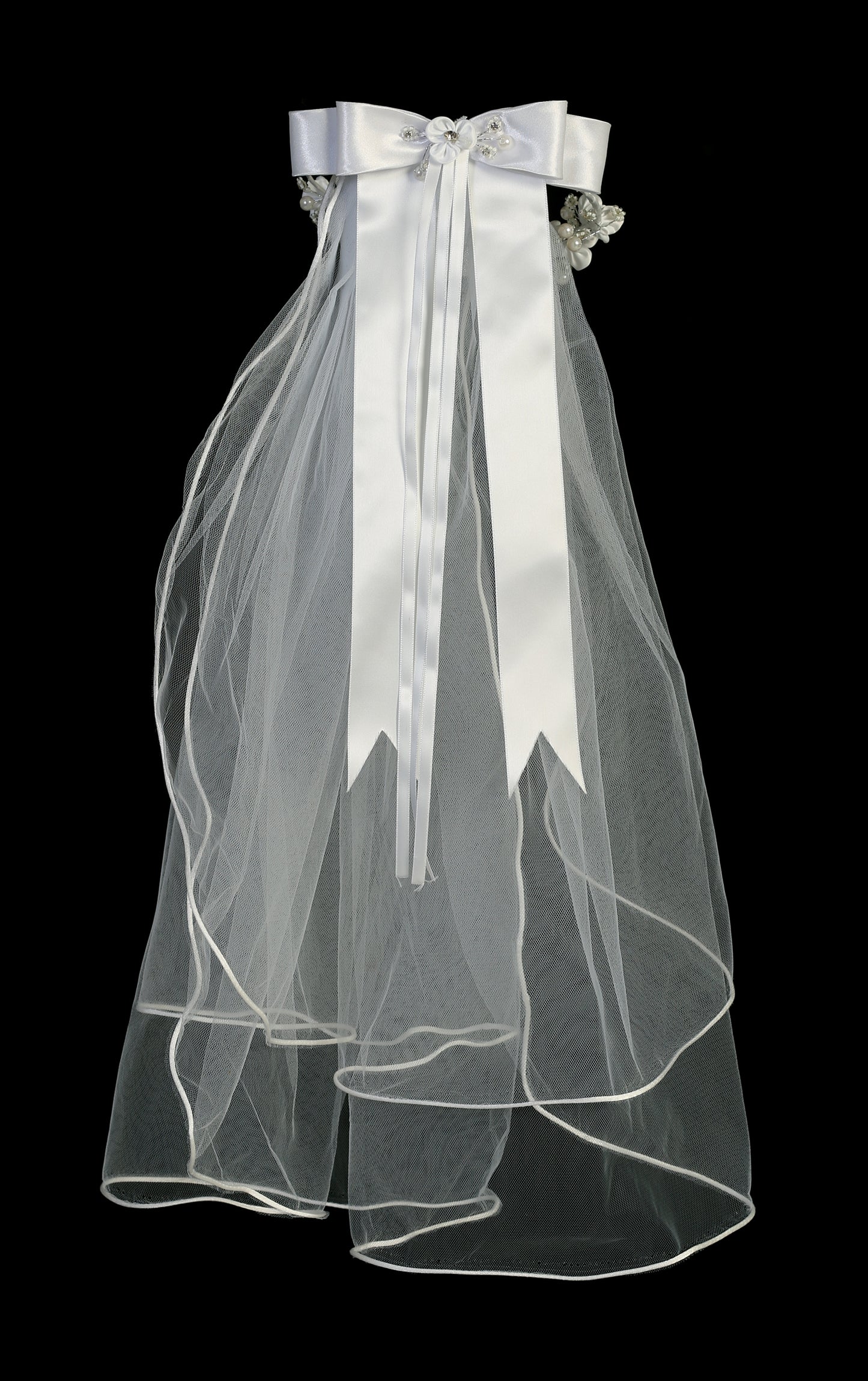First Communion Veil with Satin Flowers, Rhinestones and Pearls - T-451