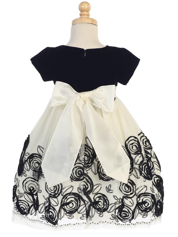 Velvet and Tulle Holiday Dress with Black Satin Ribbon Flowers  C-989B - back