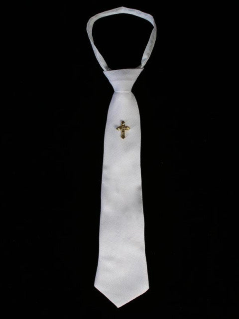 White Zipper Tie with Gold Cross