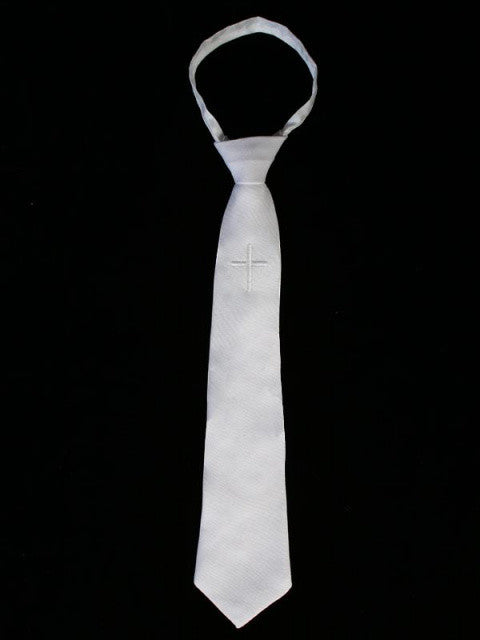 White Zipper Tie with Embroidered Cross