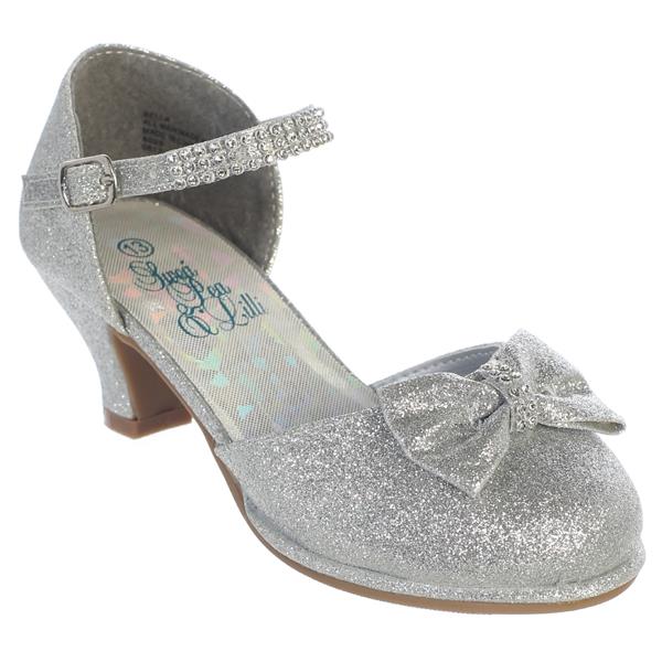 Bella Girls Rhinestone Strap Heel Shoe with Bow-silver