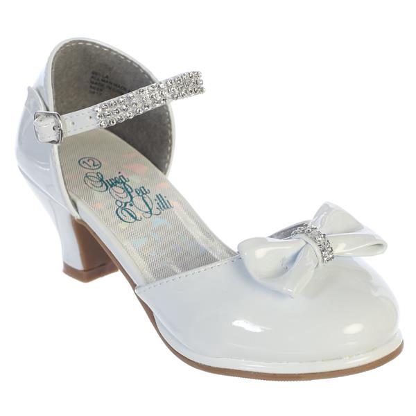Bella Girls Rhinestone Strap Heel Shoe with Bow-white
