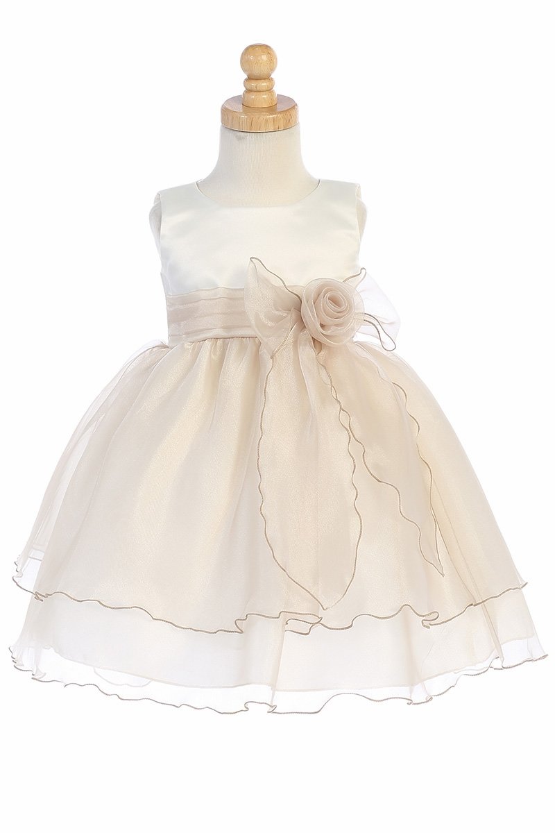 Ivory & Champagne Satin Bodice Flower Girl Dress w/ Crystal Organza Skirt - BL244-IV-CH