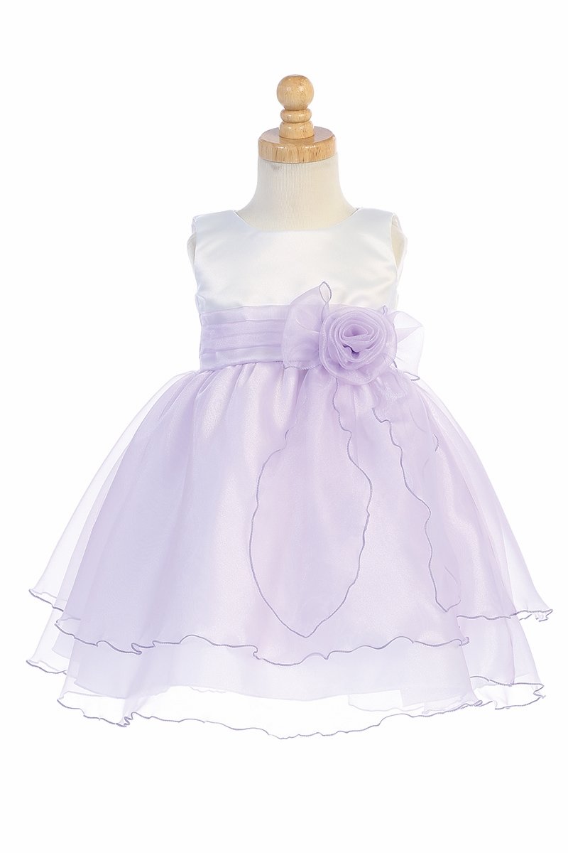 White & Lilac Satin Bodice Flower Girl Dress w/ Crystal Organza Skirt - BL244-WH-LIL
