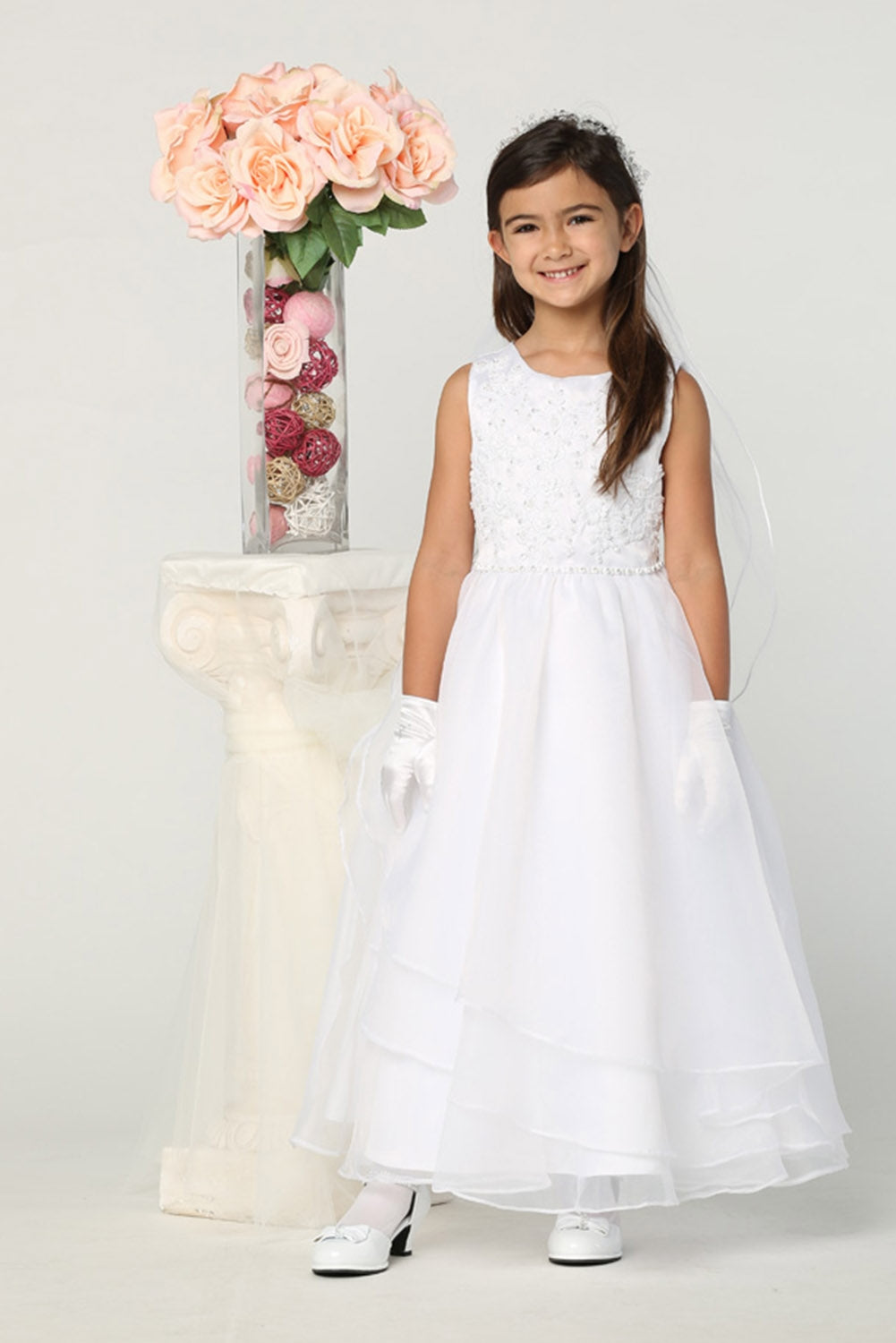 Beaded Embroidered Applique Communion Dress with Organza Skirt – SP604