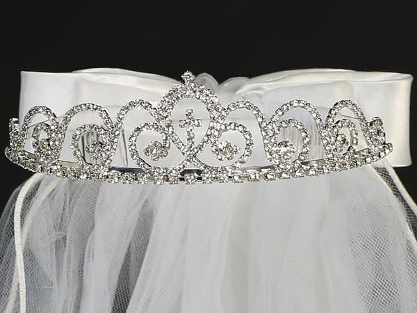 Rhinestone First Communion Tiara with Attached Cross  T-425