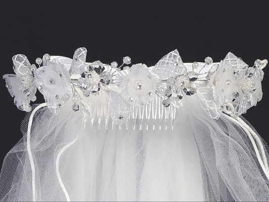 First Communion Veil with Crystal Flowers & Satin Bows  T-426